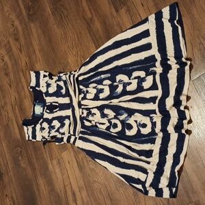 Maeve Cream Navy Blue Mudcloth Fitted A Line Keyhole Tank Cut Midi Dress A32